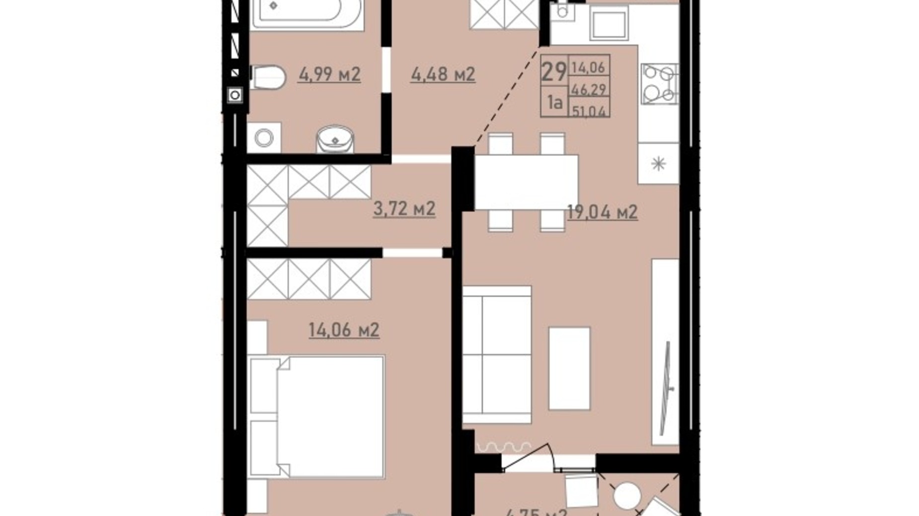 Планування 1-кімнатної квартири в ЖК Praud comfort 50.68 м², фото 706790