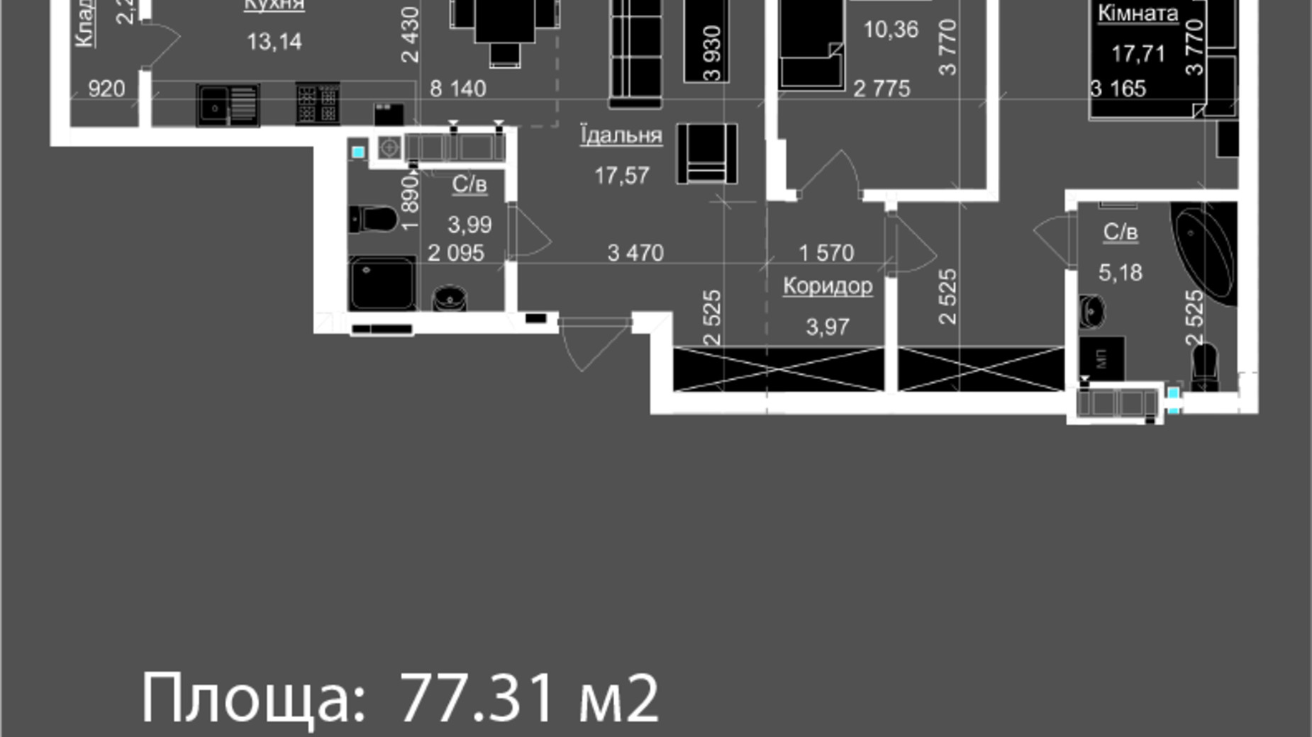 Планировка 2-комнатной квартиры в ЖК Nova Magnolia 73.52 м², фото 707276