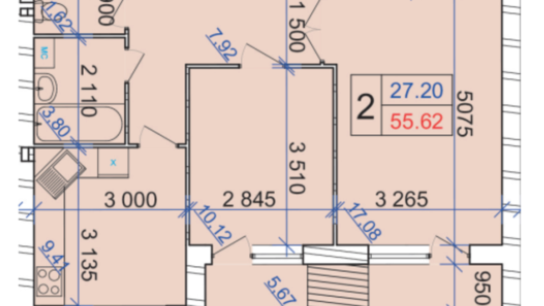 Планування 2-кімнатної квартири в ЖК Grand Royal 55.62 м², фото 707929