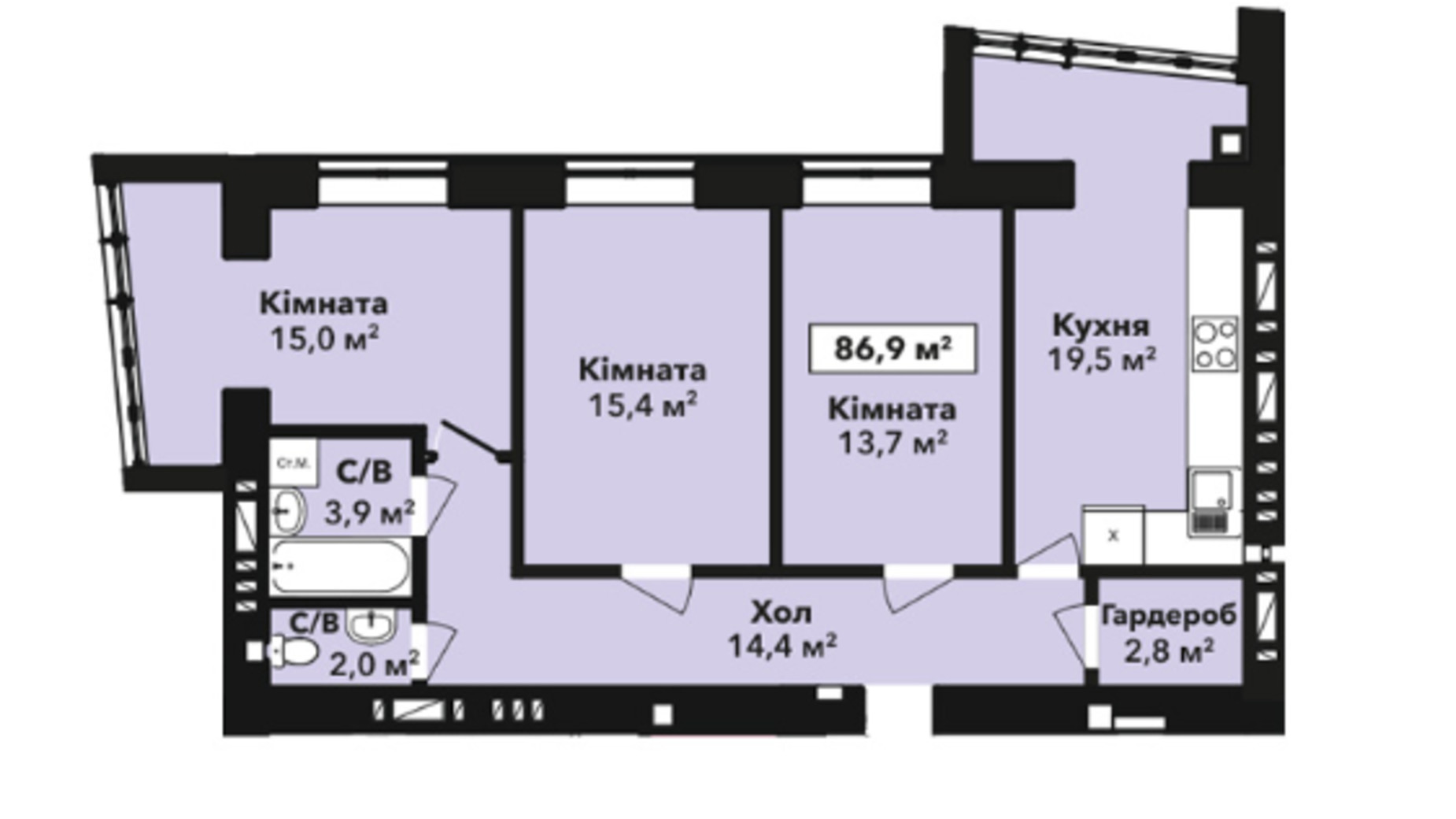 Планировка 3-комнатной квартиры в ЖК Перлина Проскурова 2 86.9 м², фото 708586