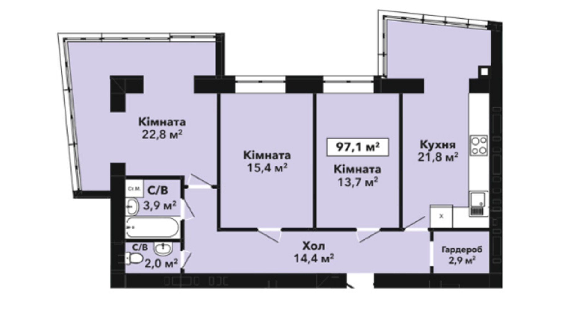 Планировка 3-комнатной квартиры в ЖК Перлина Проскурова 2 97.1 м², фото 708587