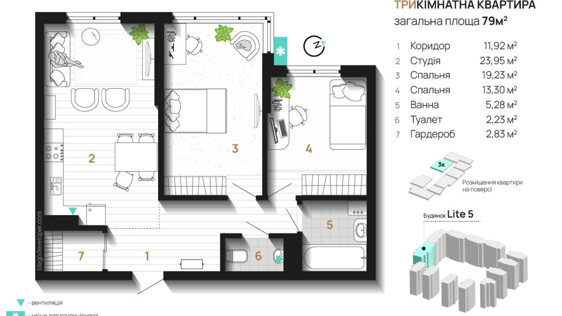 Планировка 3-комнатной квартиры в ЖК Manhattan 79 м², фото 709138