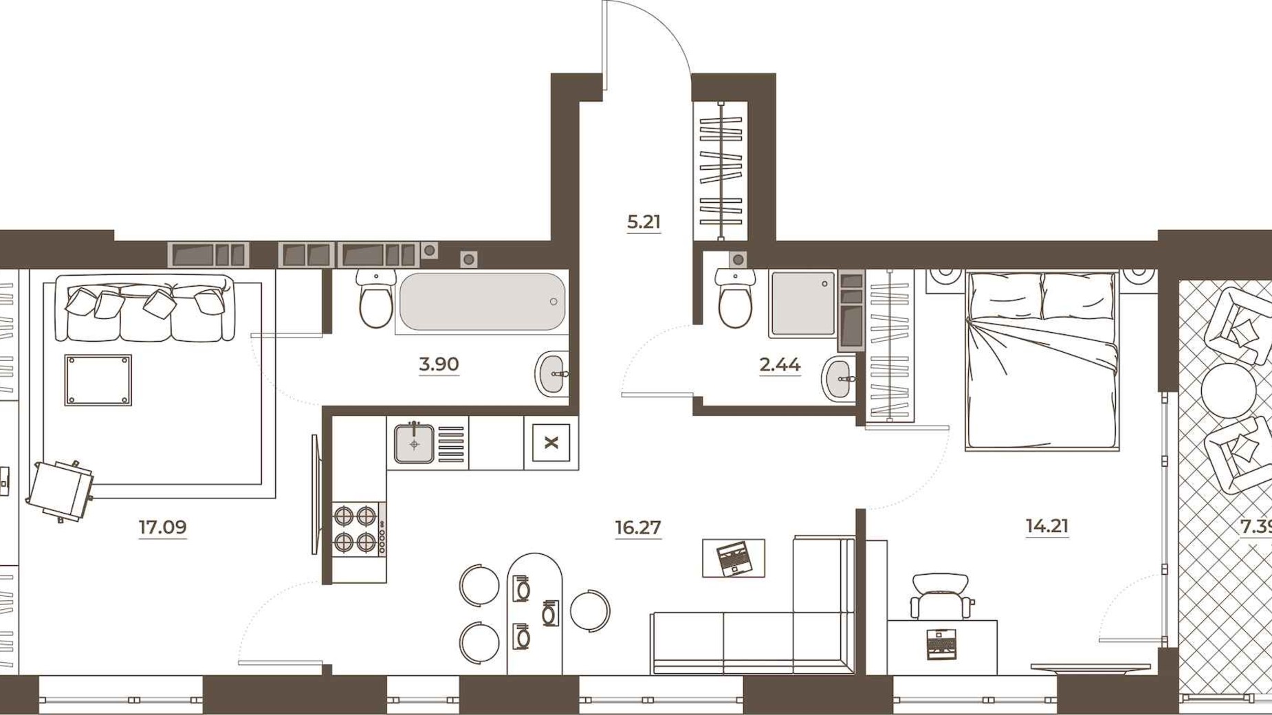 Планировка 2-комнатной квартиры в ЖК Hvoya 65.74 м², фото 709423