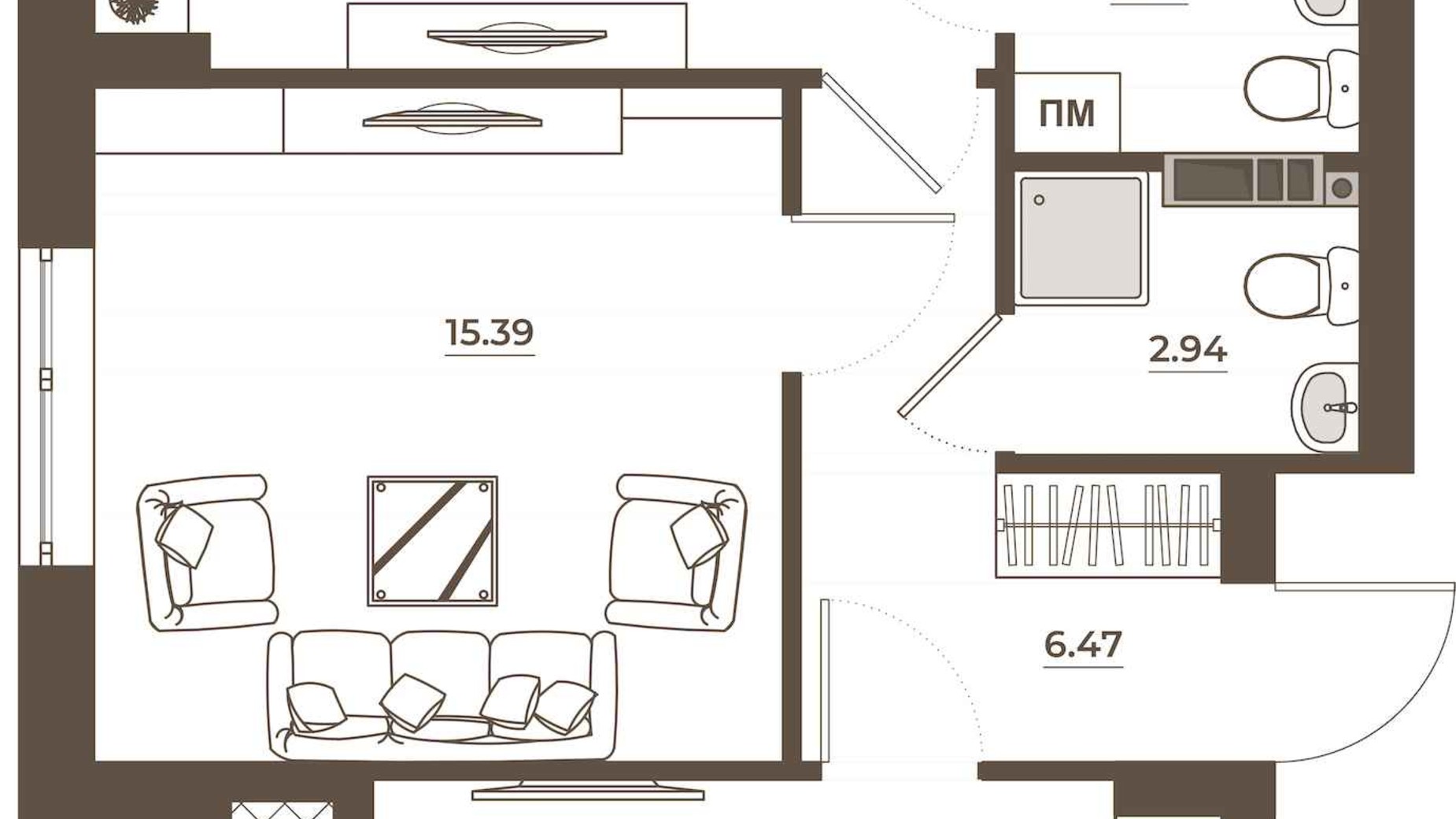 Планування 2-кімнатної квартири в ЖК Hvoya 68.18 м², фото 709424