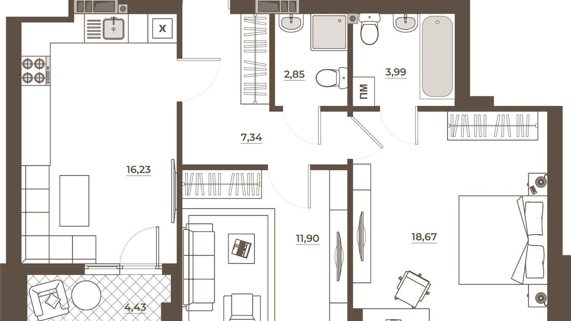 Планування 2-кімнатної квартири в ЖК Hvoya 65.18 м², фото 709441