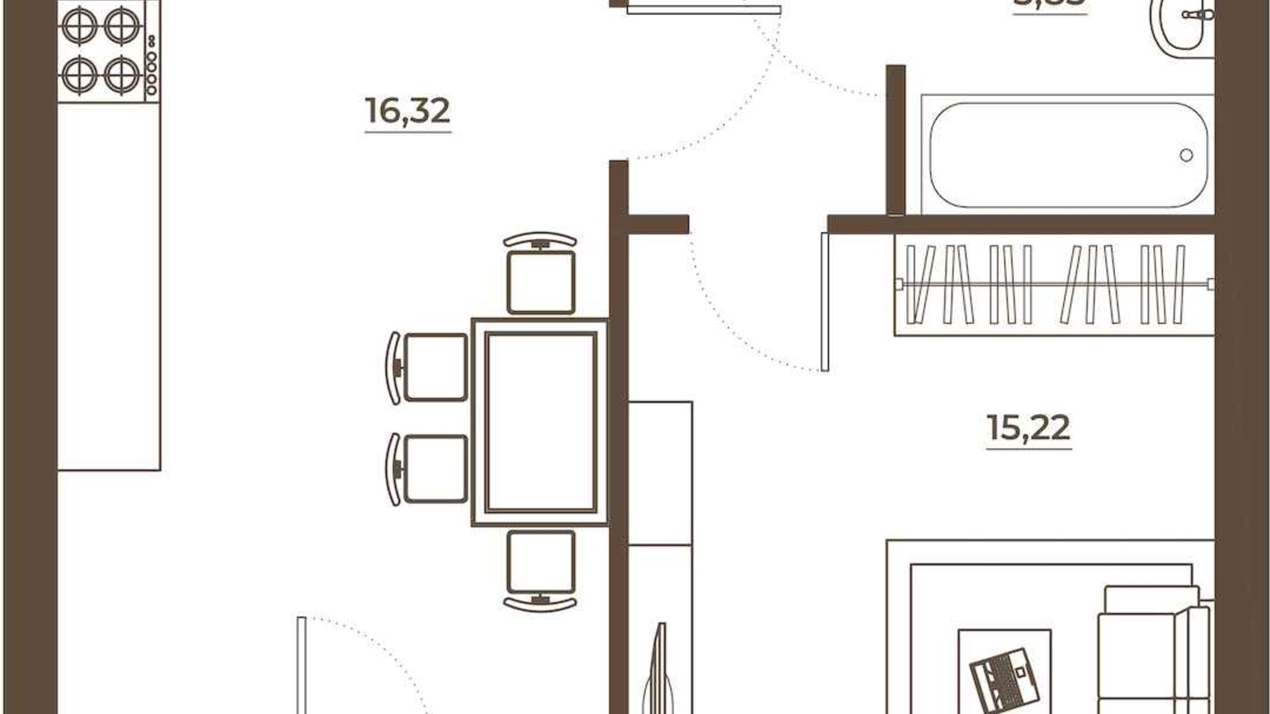 Планування 1-кімнатної квартири в ЖК Hvoya 42.45 м², фото 709446