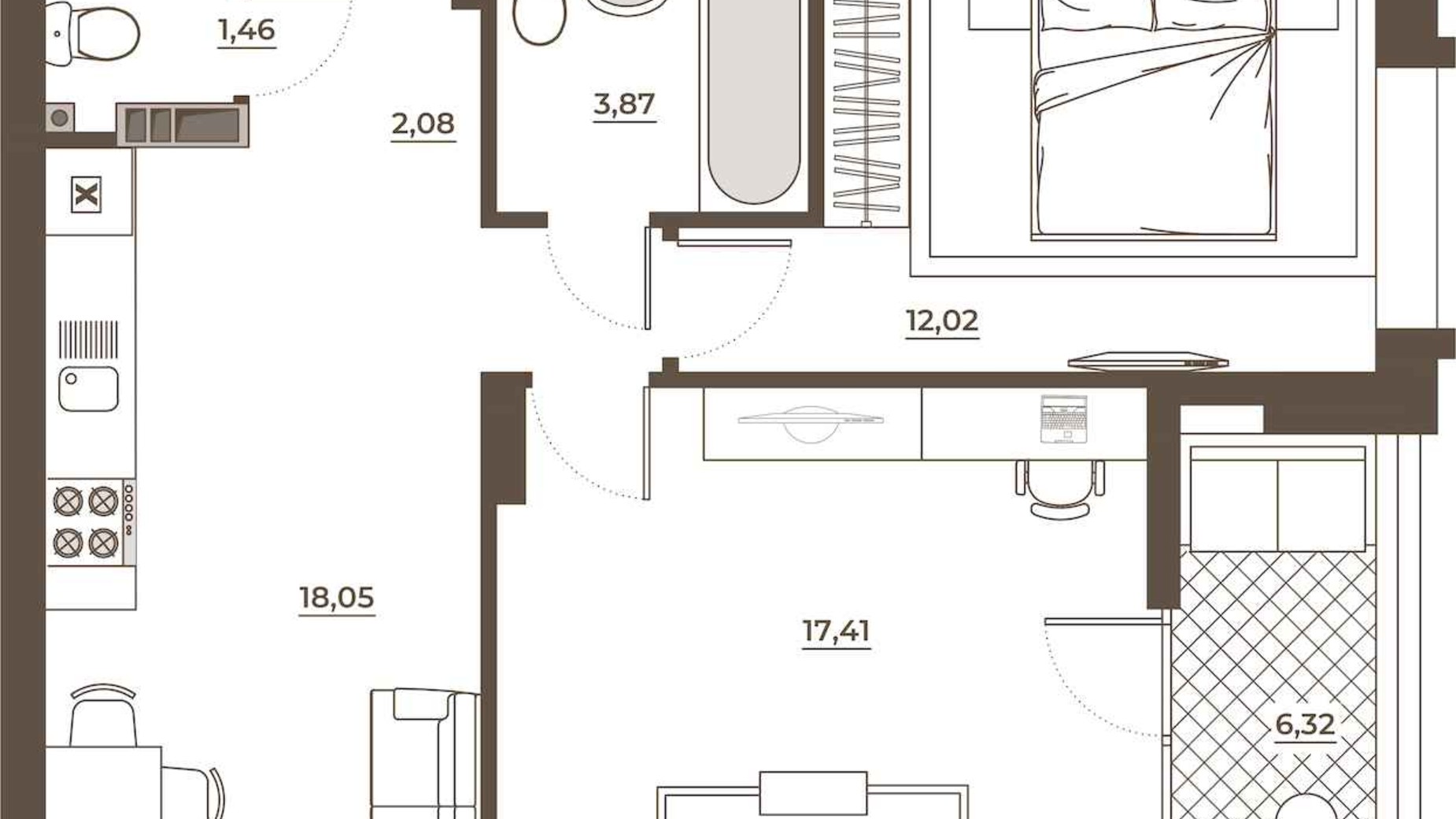 Планування 2-кімнатної квартири в ЖК Hvoya 60.68 м², фото 709470