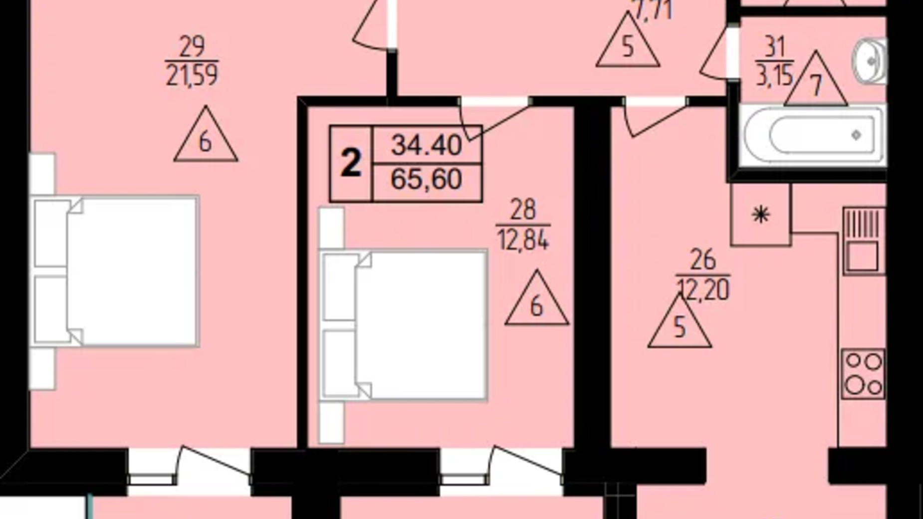 Планировка 2-комнатной квартиры в ЖК Мрия Золочев 65.6 м², фото 709730