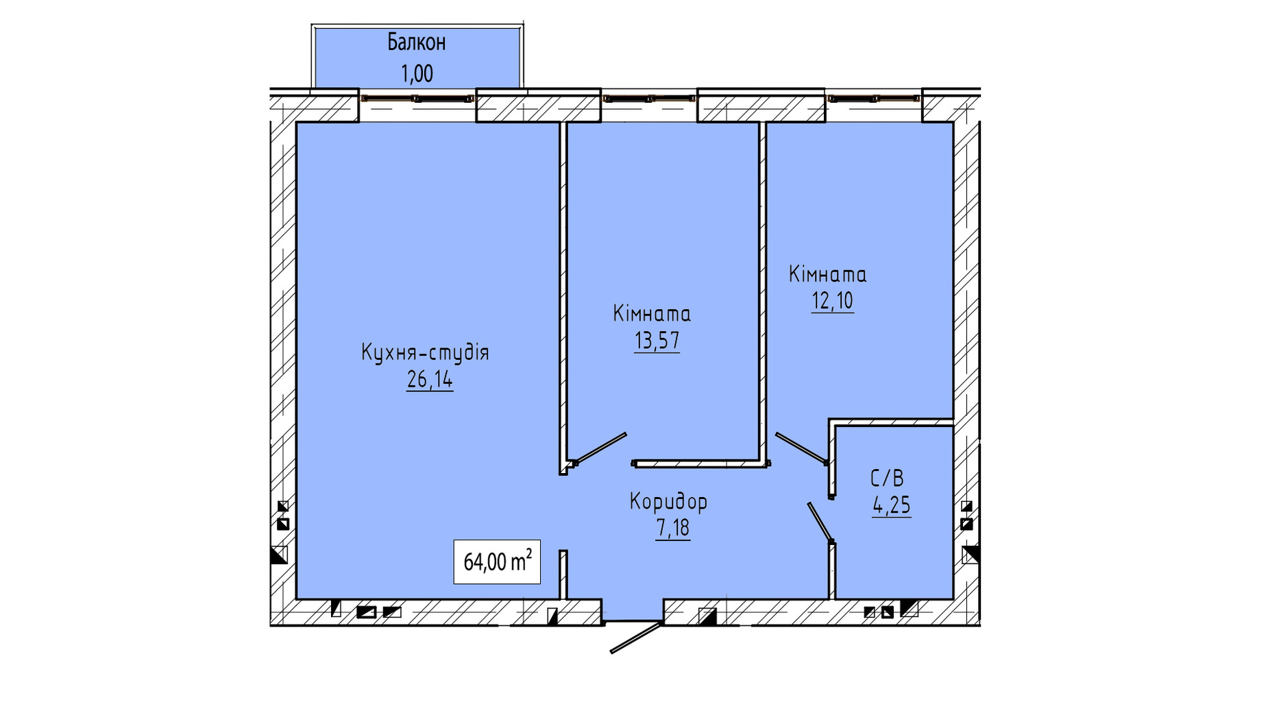 Планування 2-кімнатної квартири в ЖК Petrykiv Hills 64 м², фото 710080