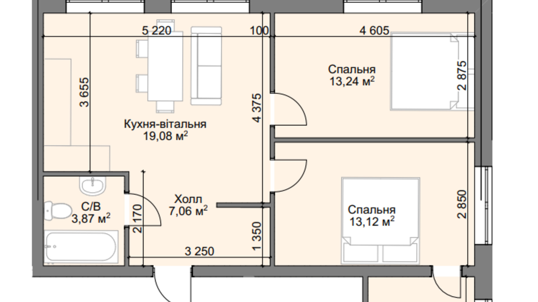 Планировка 2-комнатной квартиры в ЖК Do Re Mi Apart 66.54 м², фото 710895
