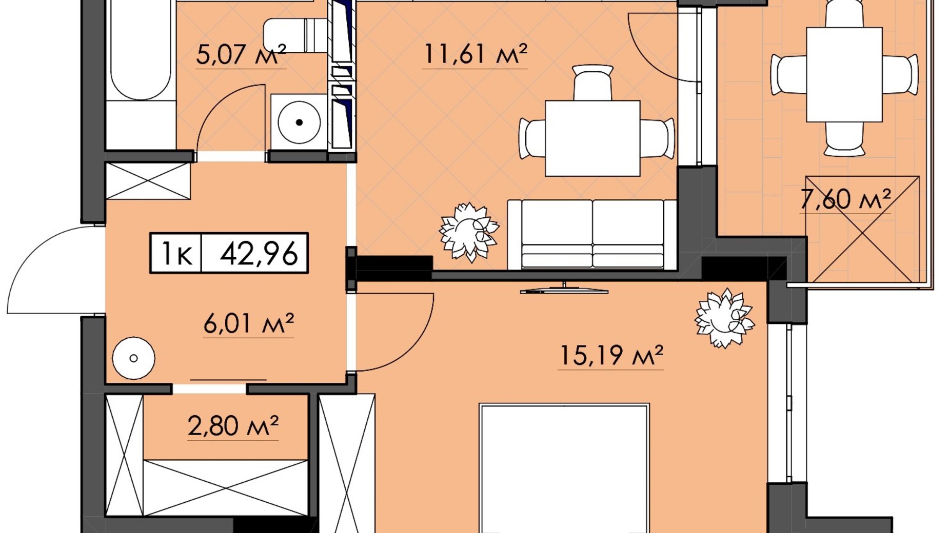 Планировка 1-комнатной квартиры в ЖК Калина 42.96 м², фото 711323