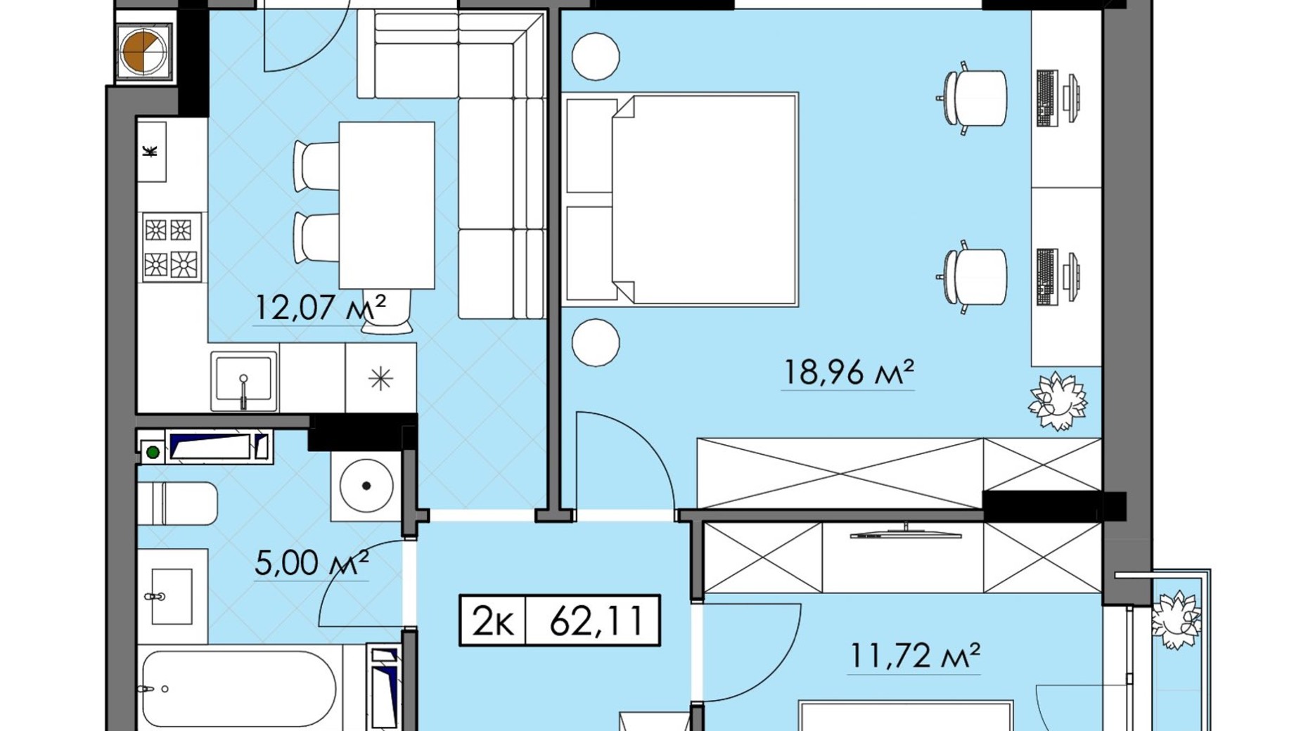Планування 2-кімнатної квартири в ЖК Калина 62.11 м², фото 711325