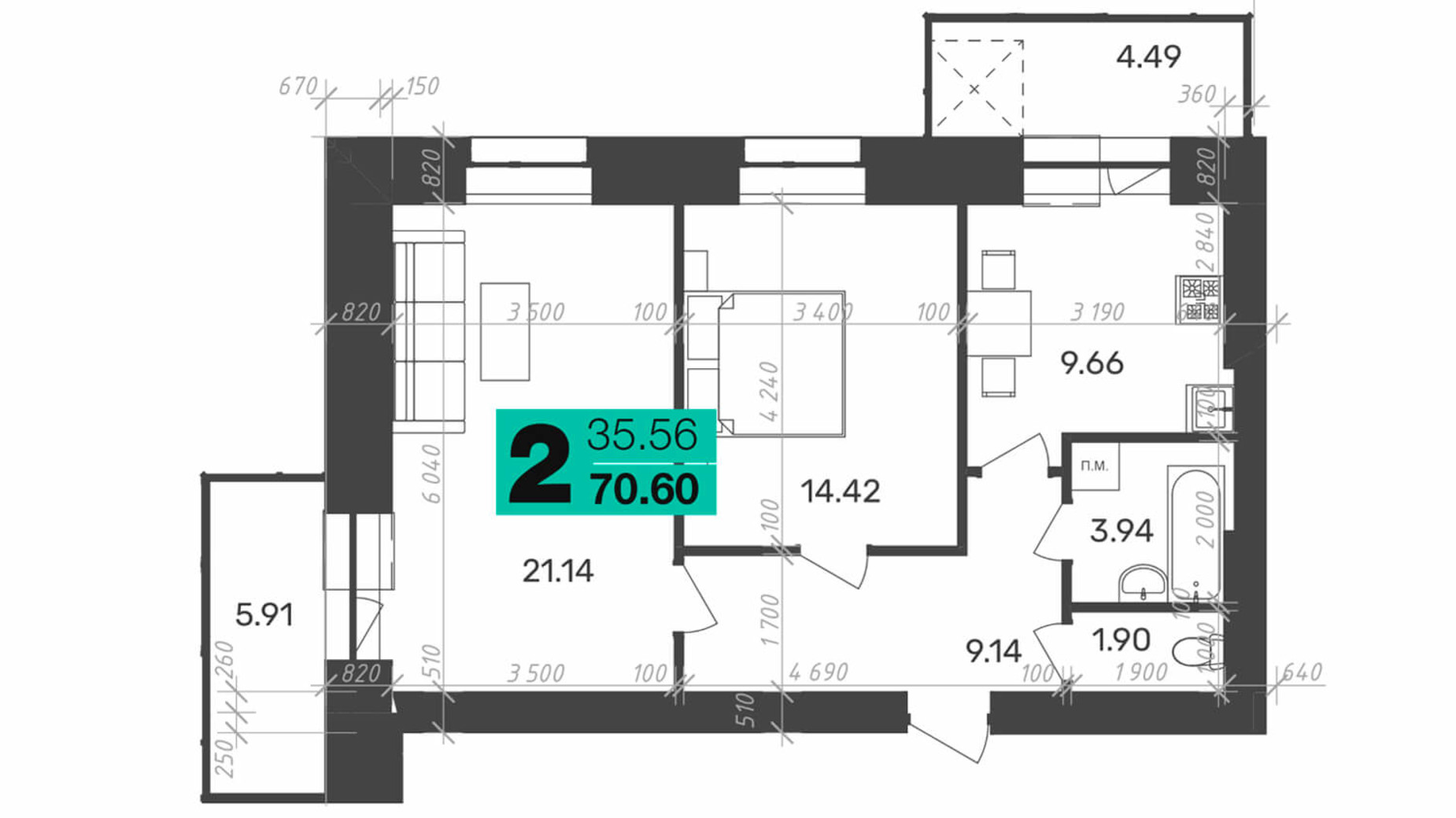 Планировка 2-комнатной квартиры в ЖК Стандарт 70.6 м², фото 711715