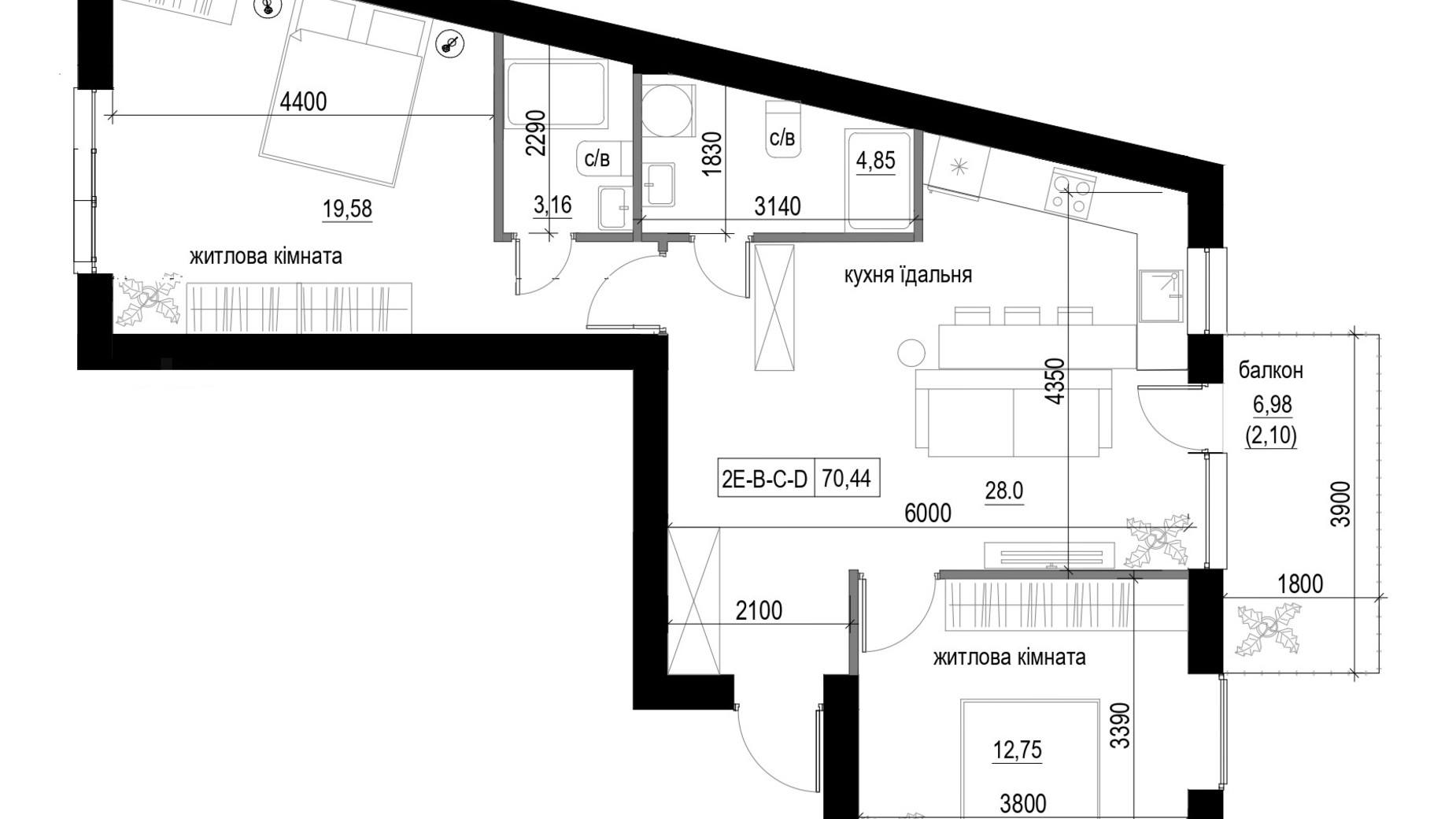 Планировка 2-комнатной квартиры в ЖК Lizrome 70.44 м², фото 713532