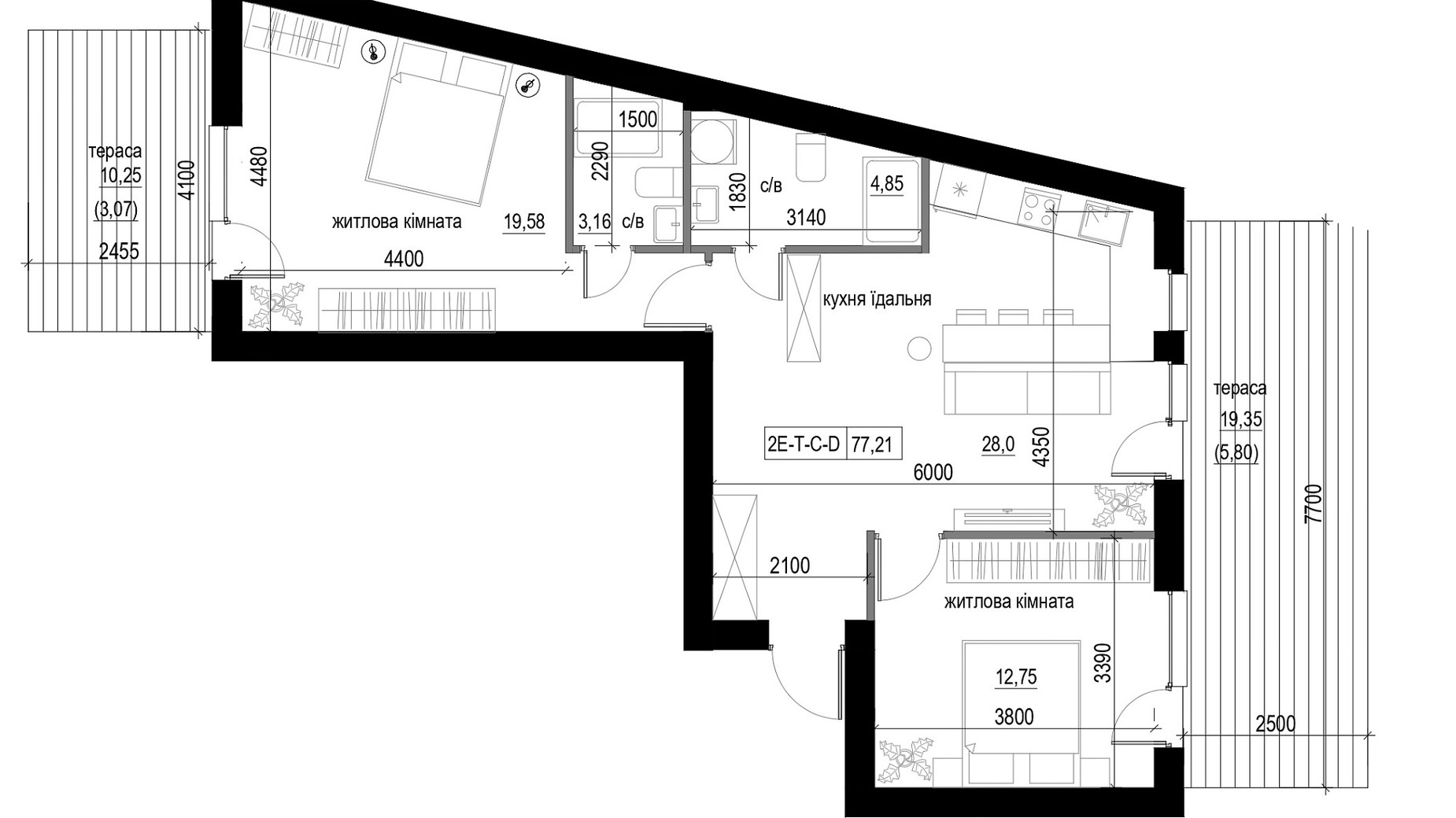 Планировка 2-комнатной квартиры в ЖК Lizrome 77.21 м², фото 713539