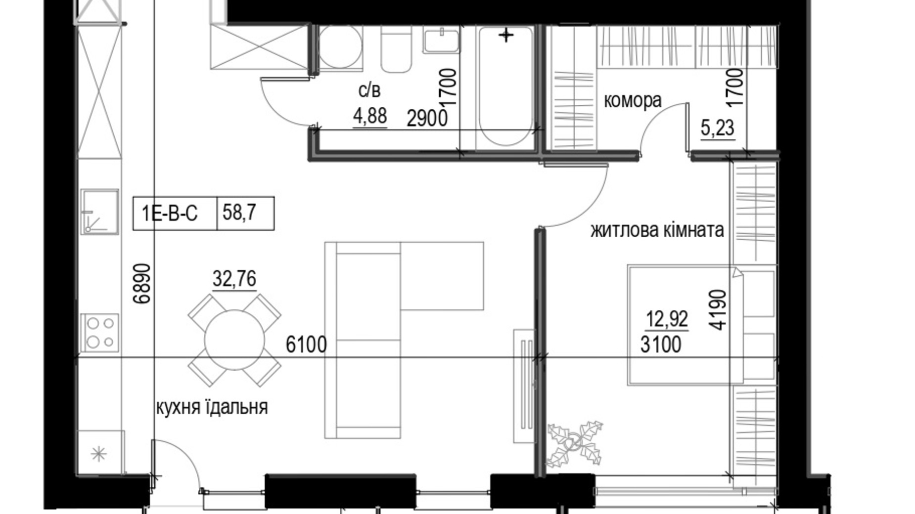 Планування 1-кімнатної квартири в ЖК Lizrome 58.7 м², фото 713554