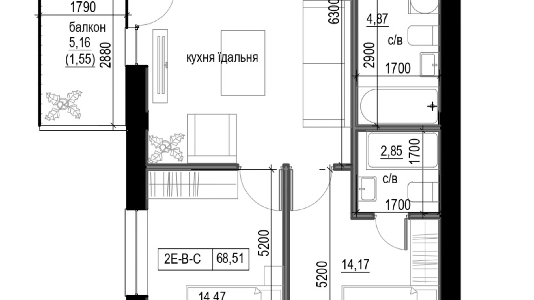 Планування 2-кімнатної квартири в ЖК Lizrome 68.51 м², фото 713575