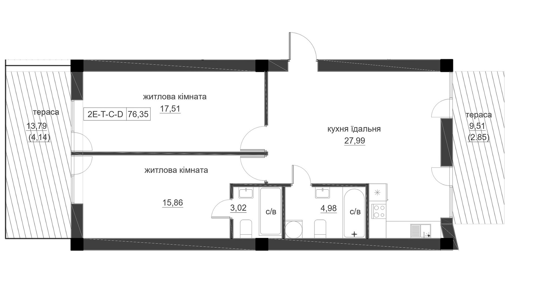 Планування 2-кімнатної квартири в ЖК Lizrome 76.35 м², фото 713578