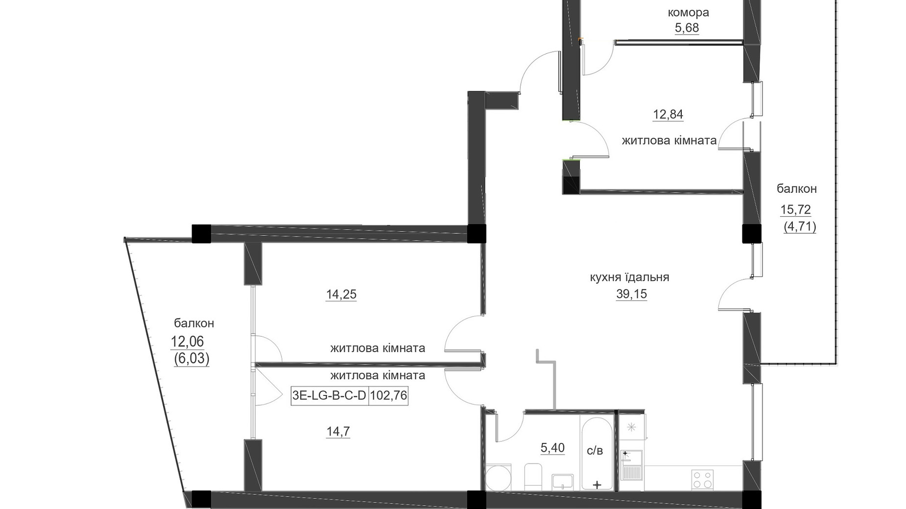 Планировка 3-комнатной квартиры в ЖК Lizrome 102.76 м², фото 713579