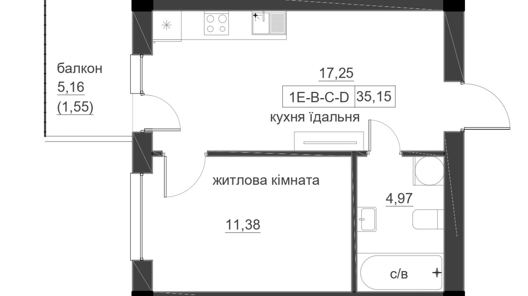 Планування 1-кімнатної квартири в ЖК Lizrome 35.15 м², фото 713603