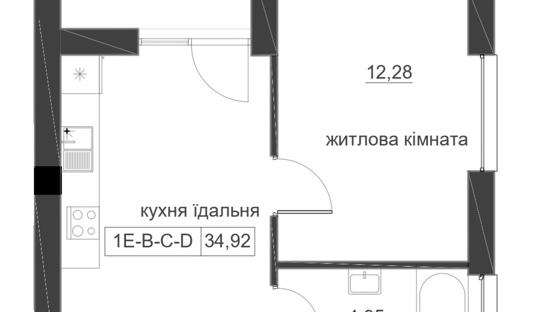 Планування 1-кімнатної квартири в ЖК Lizrome 34.92 м², фото 713610