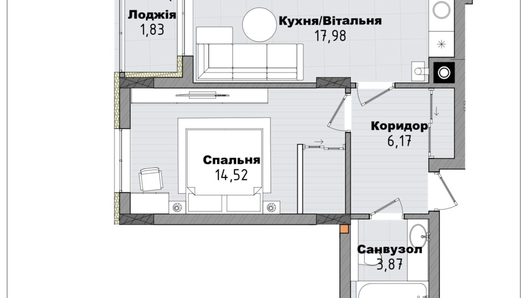 Планування 1-кімнатної квартири в Клубний будинок San Marco 44.37 м², фото 713649
