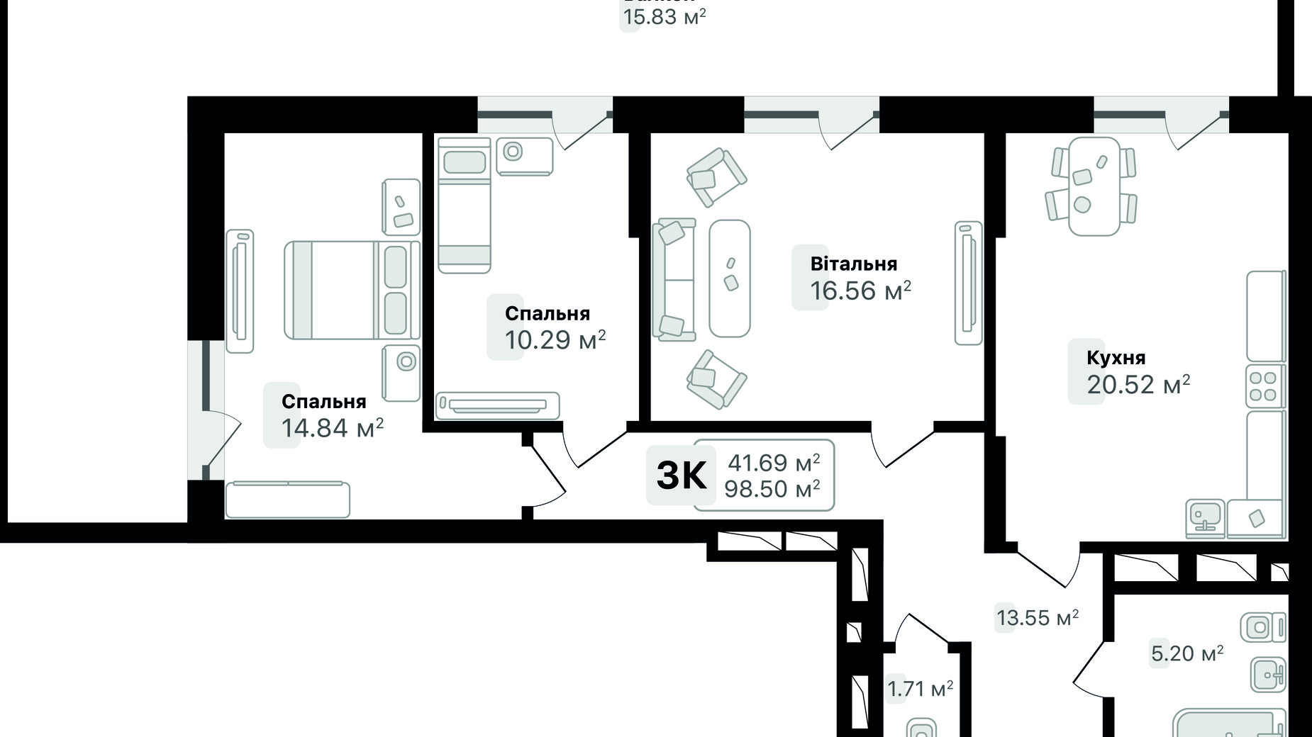 Планировка 3-комнатной квартиры в ЖК Auroom Solar 98.5 м², фото 713990