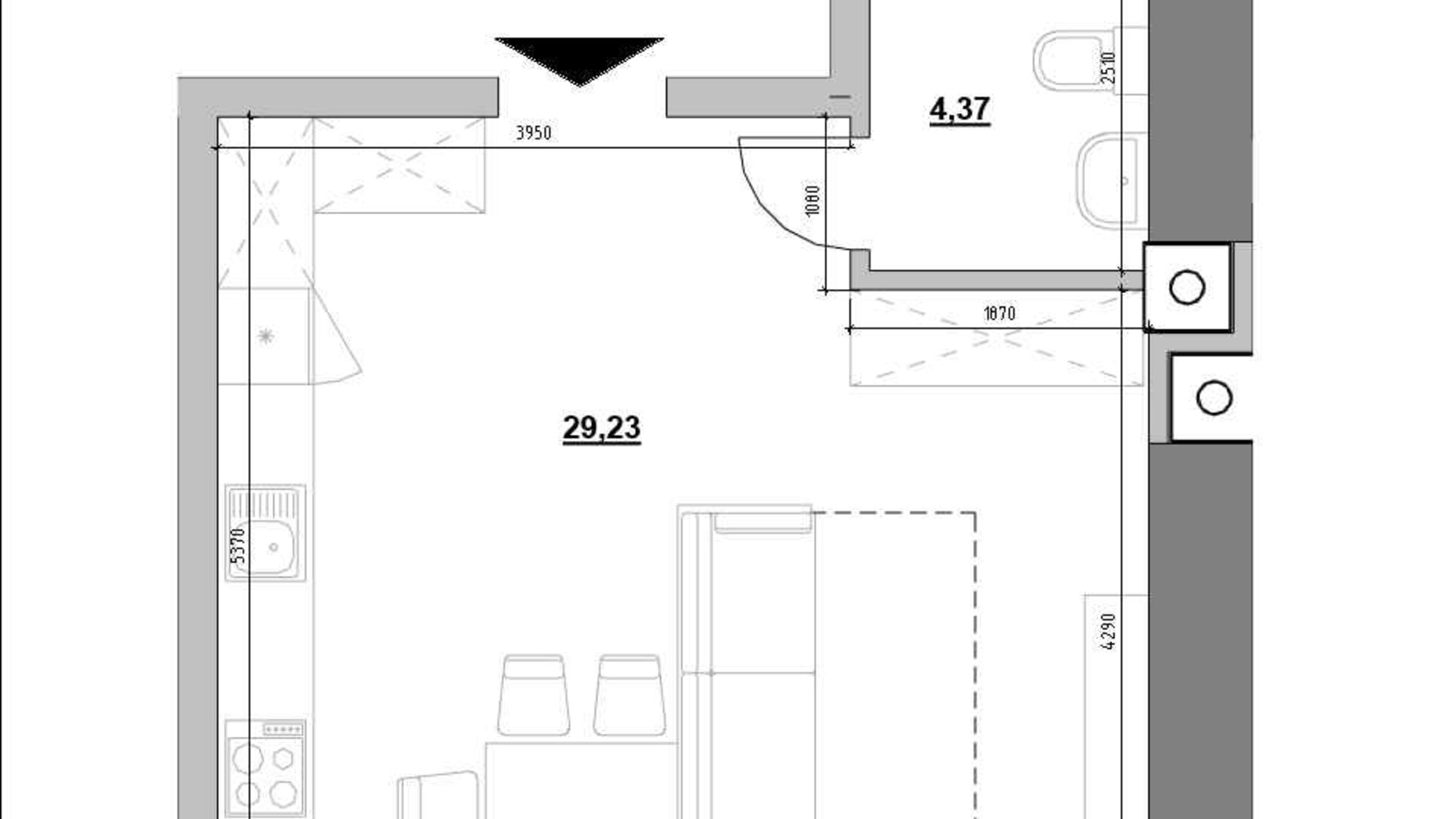 Планування 1-кімнатної квартири в ЖК Компаньйон 33.6 м², фото 714231