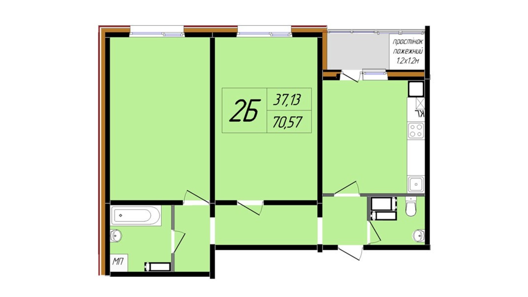 Планування 2-кімнатної квартири в ЖК Затишний 70.57 м², фото 714318