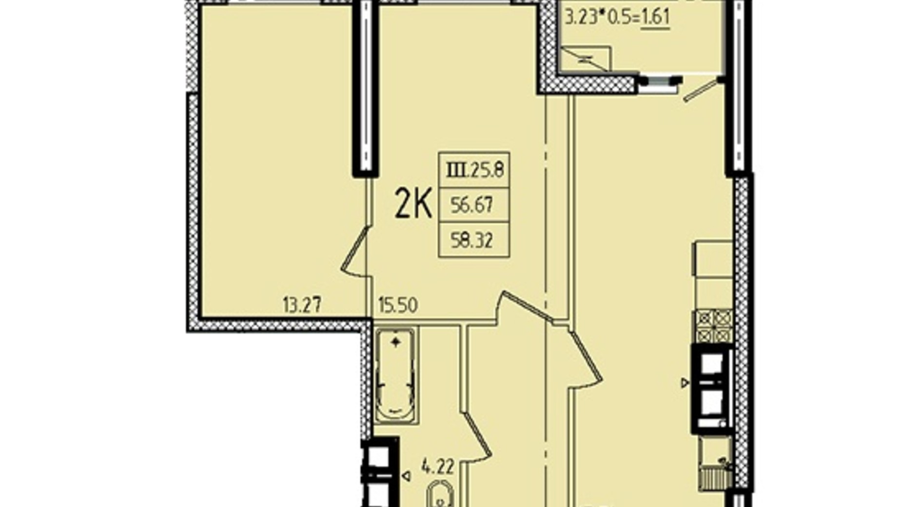 Планировка 2-комнатной квартиры в ЖК Эллада 58.32 м², фото 715595