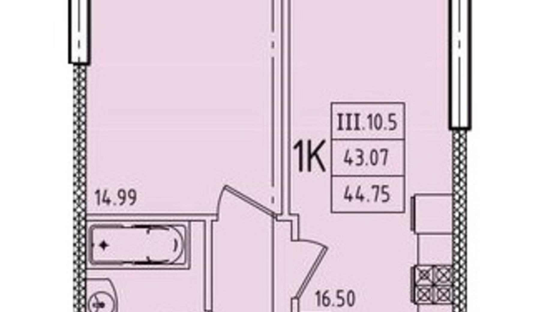 Планировка 1-комнатной квартиры в ЖК Эллада 44.75 м², фото 716134
