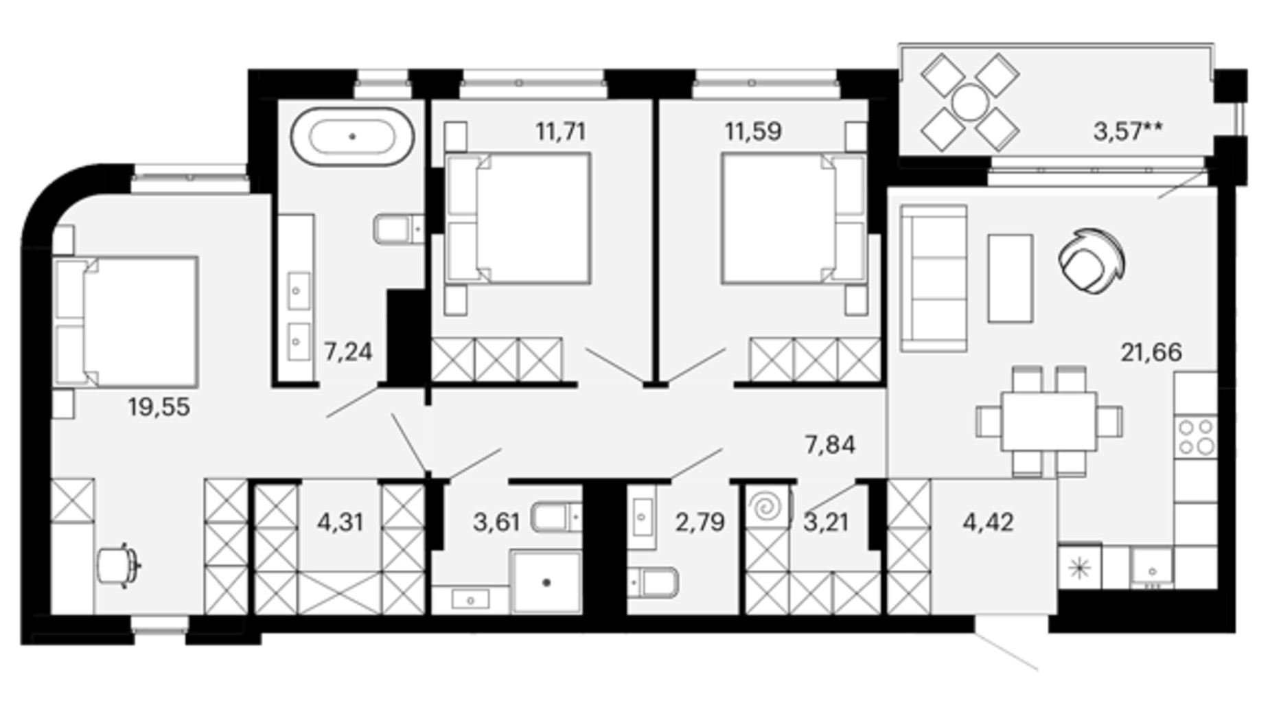 Планировка 3-комнатной квартиры в ЖК Avalon Terra 102 м², фото 718618