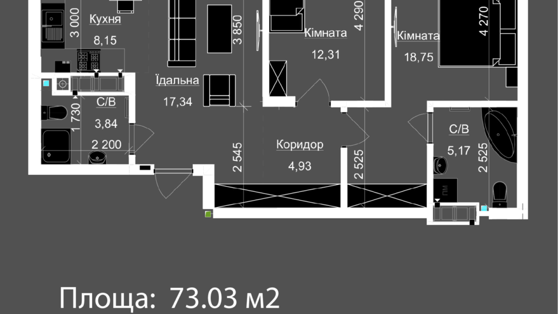 Планировка 2-комнатной квартиры в ЖК Nova Magnolia 73.03 м², фото 720056