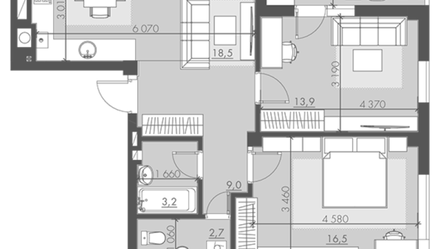 Планування 2-кімнатної квартири в ЖК Шевченка 71.3 м², фото 720359