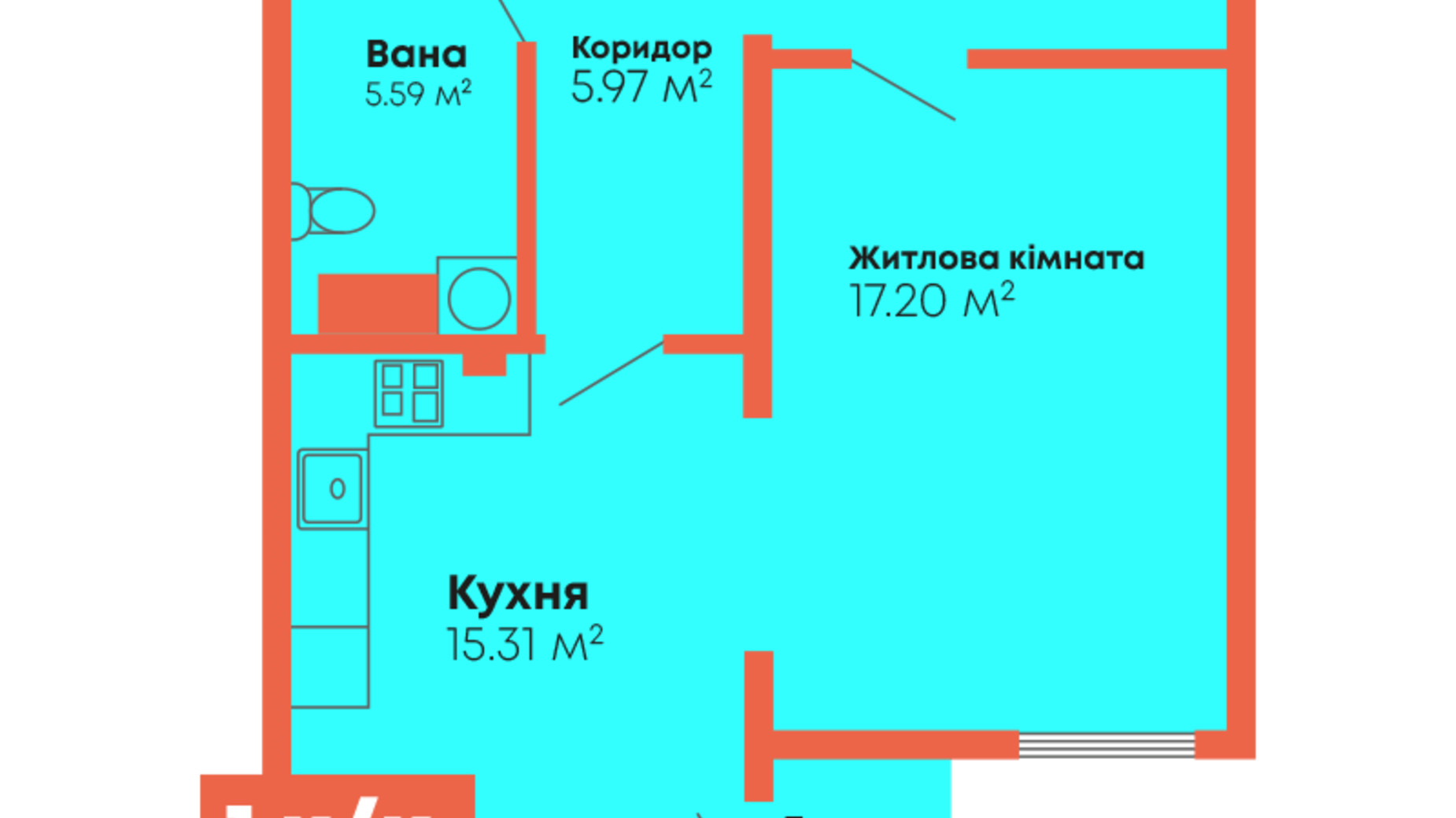 Планировка 1-комнатной квартиры в ЖК Гражданский посад 50.03 м², фото 720692
