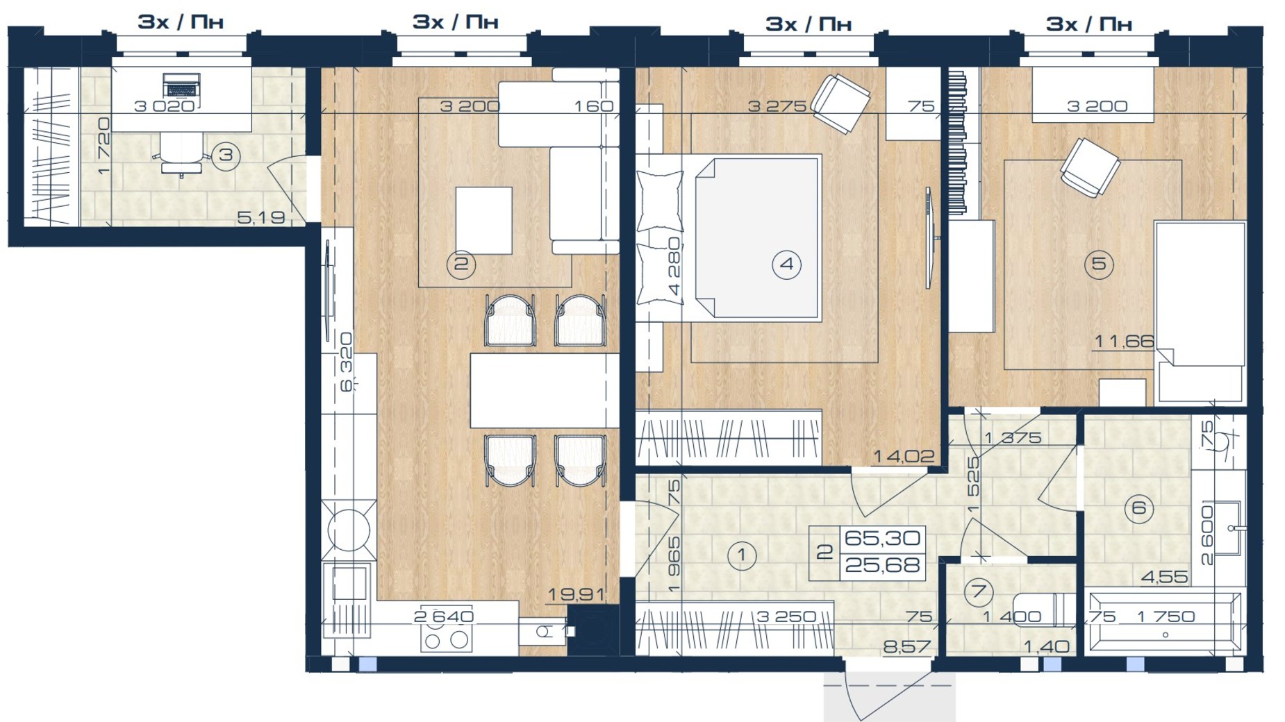 Планування 2-кімнатної квартири в ЖК Oxford 65.3 м², фото 721370