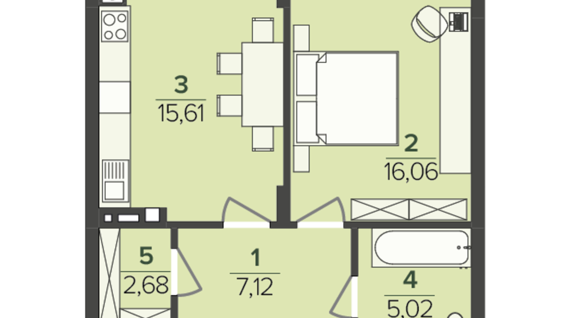Планування 1-кімнатної квартири в ЖК Falcon City 46.49 м², фото 721576