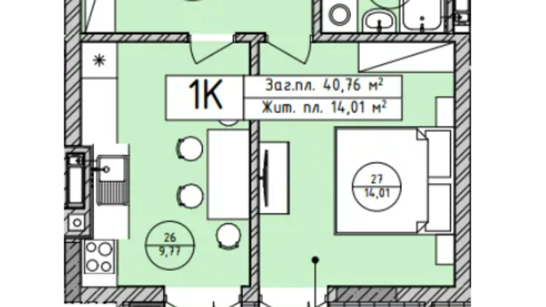 Планування 1-кімнатної квартири в ЖК Лісова Оселя 40.76 м², фото 722150