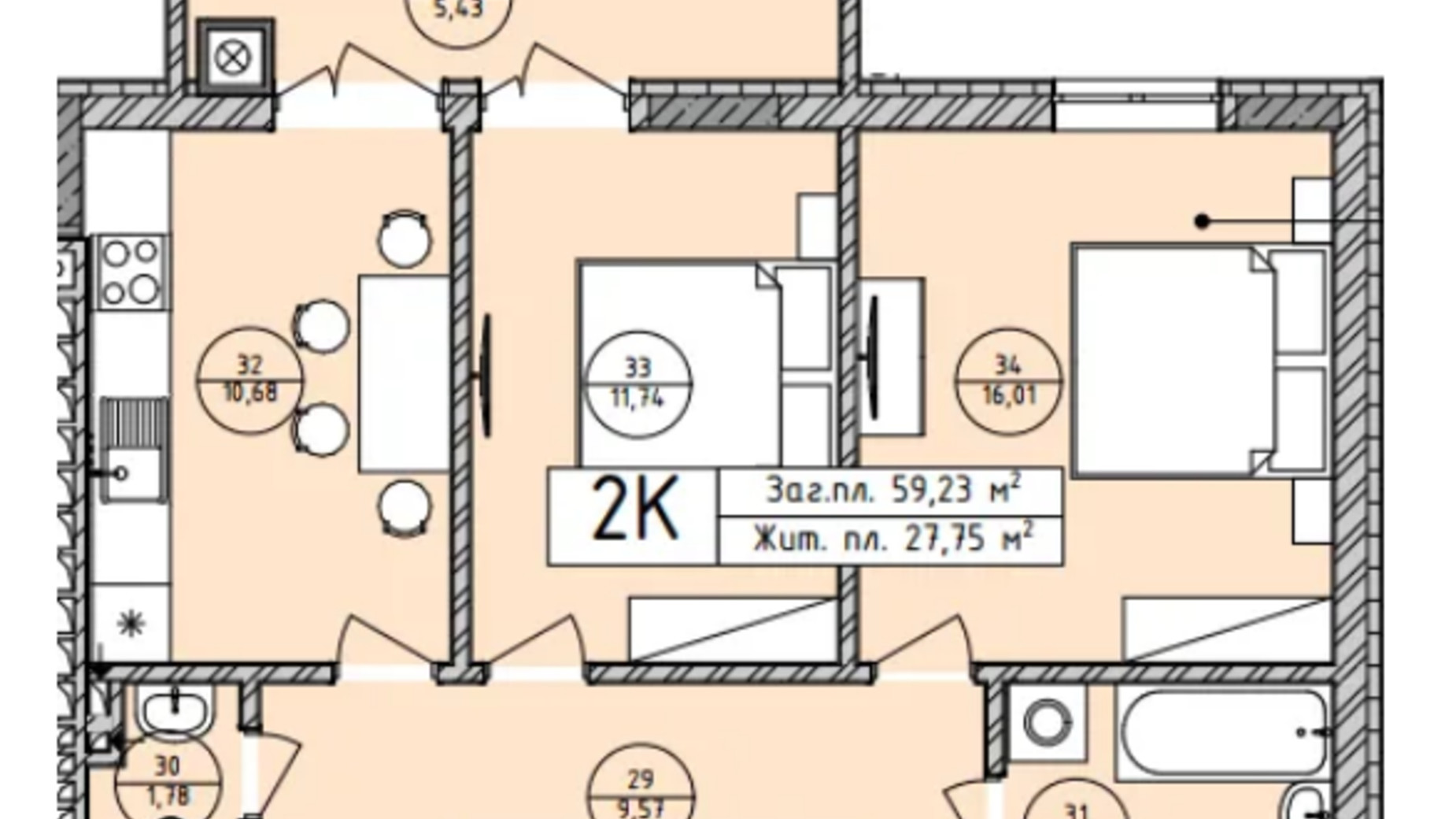 Планировка 2-комнатной квартиры в ЖК Лісова Оселя 59.23 м², фото 722193