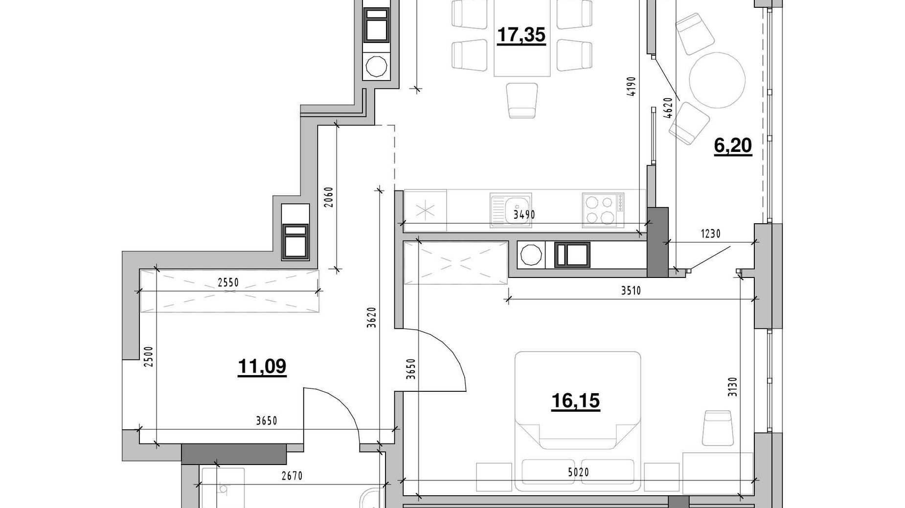 Планировка 1-комнатной квартиры в ЖК Ярославенко 55.8 м², фото 722409