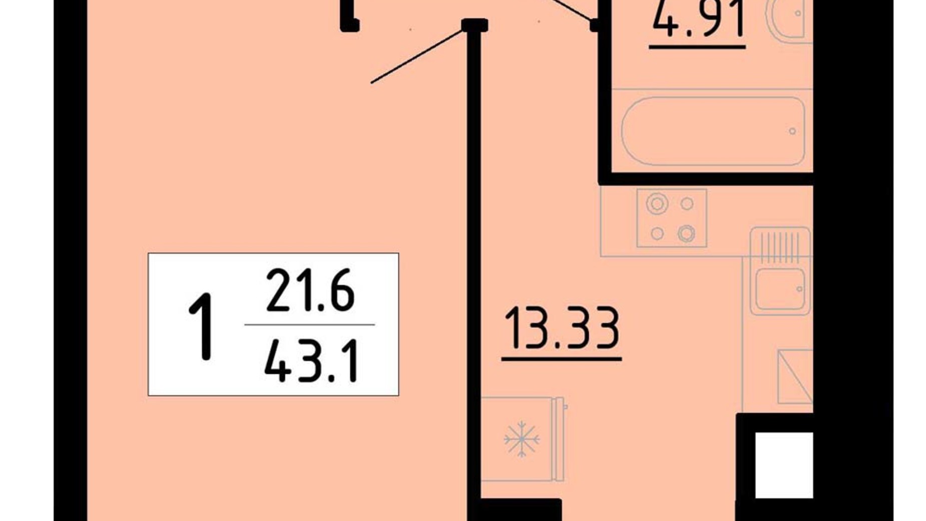 Планування 1-кімнатної квартири в Квартал Енергія 43.1 м², фото 723108