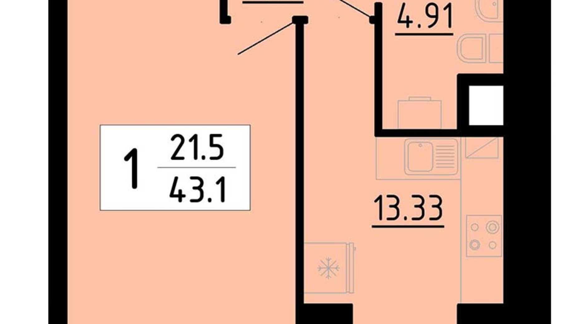 Планування 1-кімнатної квартири в Квартал Енергія 43.1 м², фото 723109