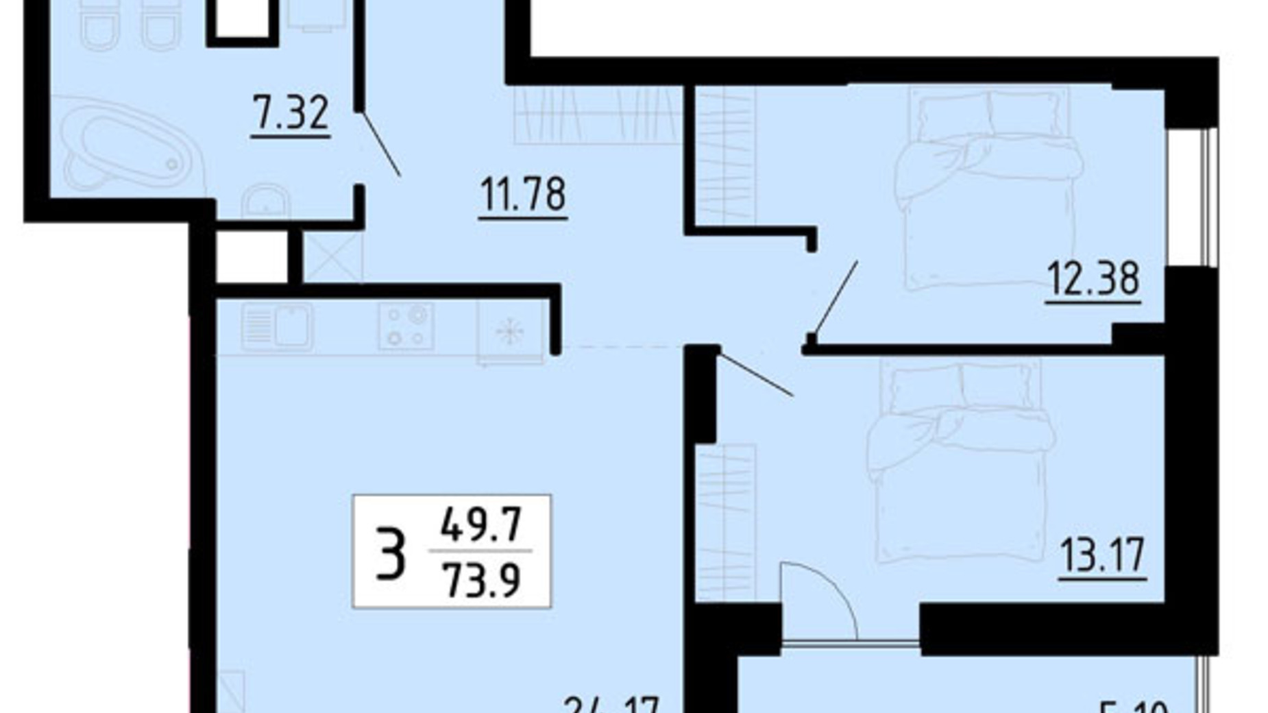 Планування 3-кімнатної квартири в Квартал Енергія 73.9 м², фото 723178