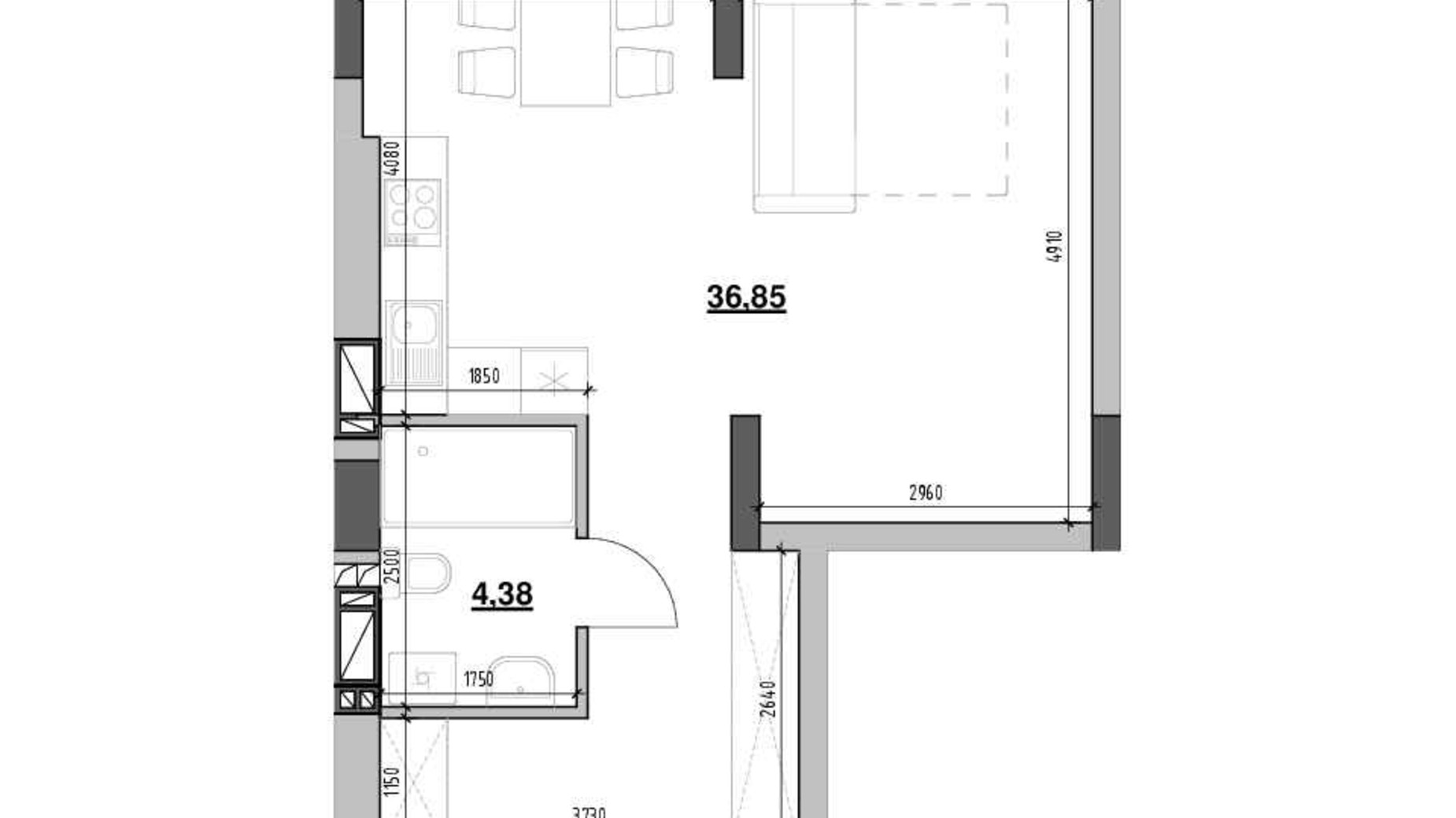 Планування 1-кімнатної квартири в ЖК Ріел Сіті 41.22 м², фото 724844