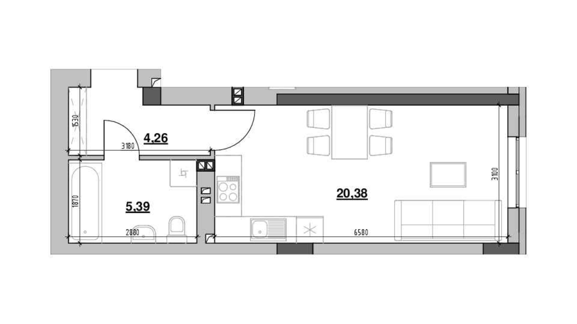 Планировка 1-комнатной квартиры в ЖК Риел Сити 30.3 м², фото 724845