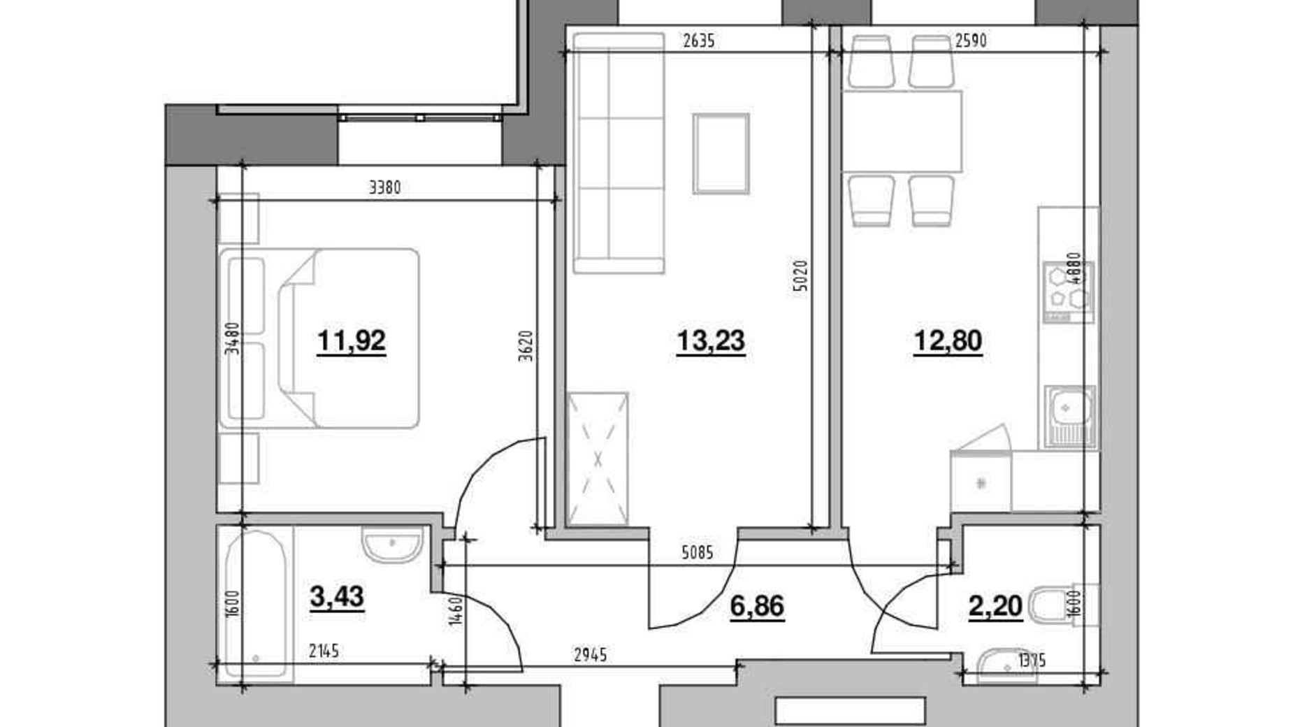 Планування 2-кімнатної квартири в ЖК Шенген 50.44 м², фото 724864