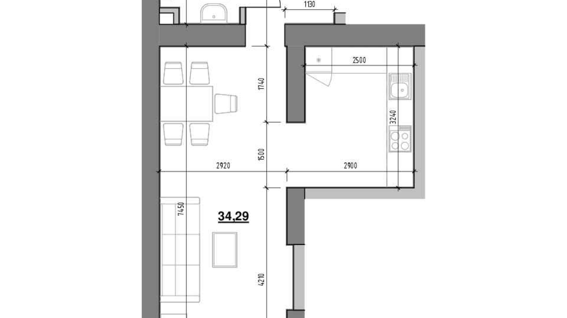 Планування квартири студії в ЖК Шенген 37.51 м², фото 724873