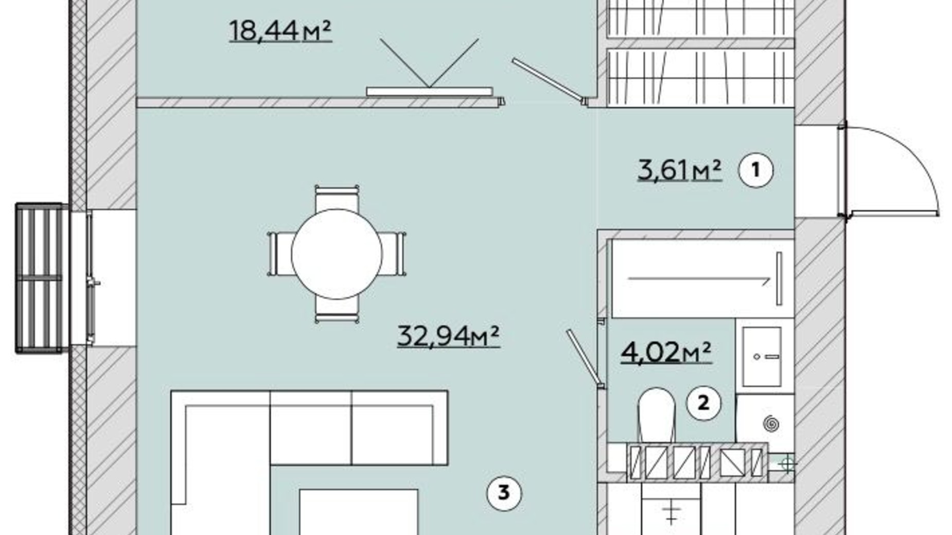 Планування 2-кімнатної квартири в ЖК Osnova 59.58 м², фото 725759