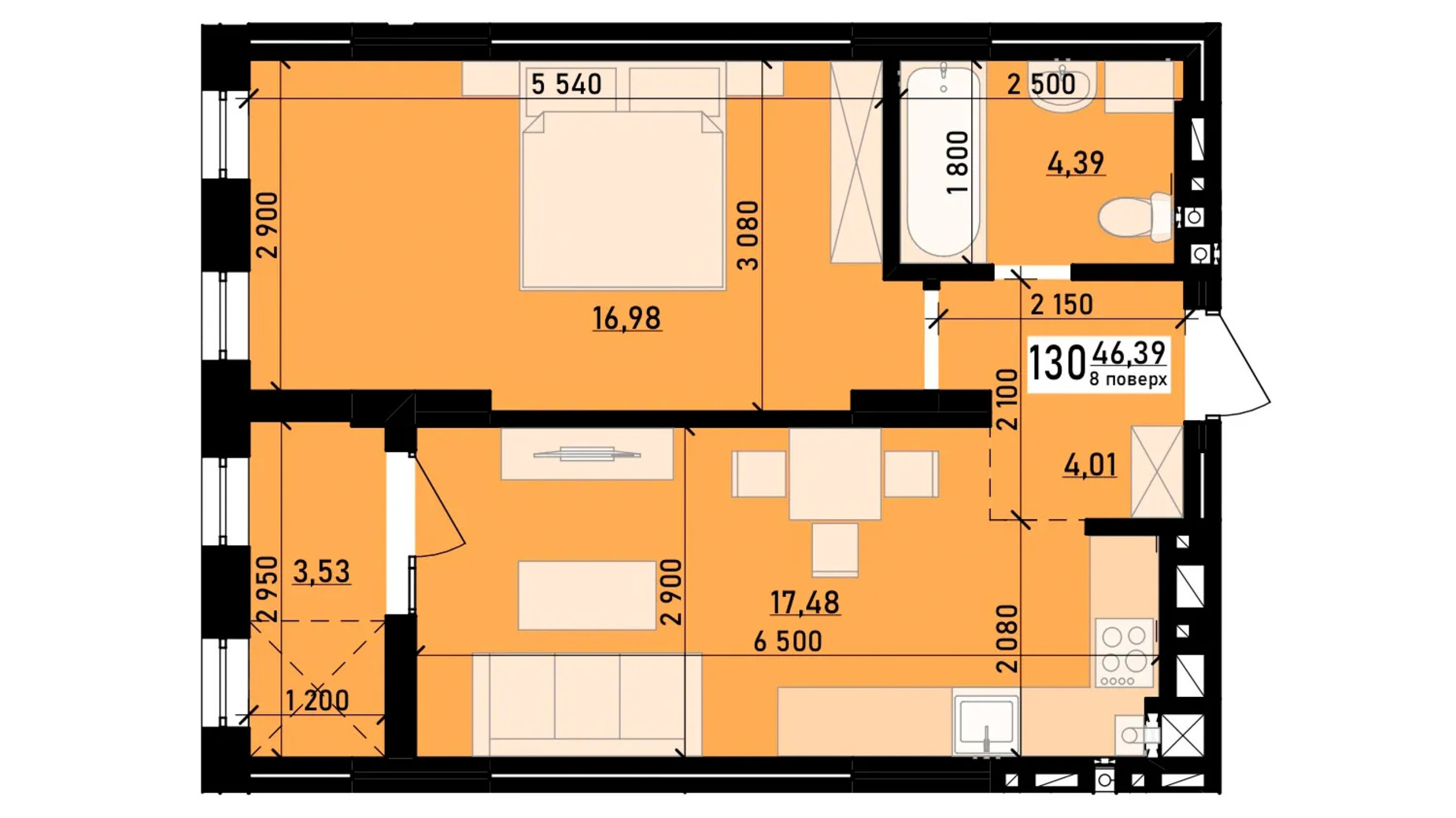 Планування 1-кімнатної квартири в ЖК Весняний 46.39 м², фото 726828