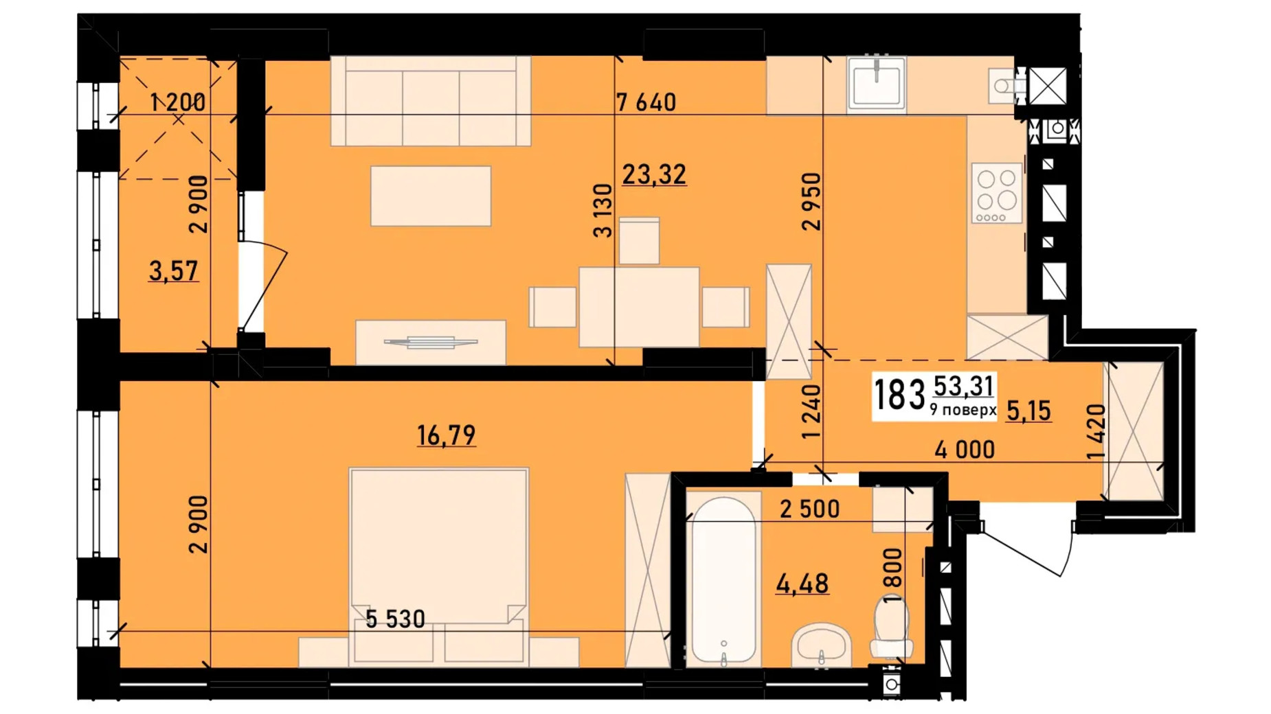 Планування 1-кімнатної квартири в ЖК Весняний 53.31 м², фото 726960